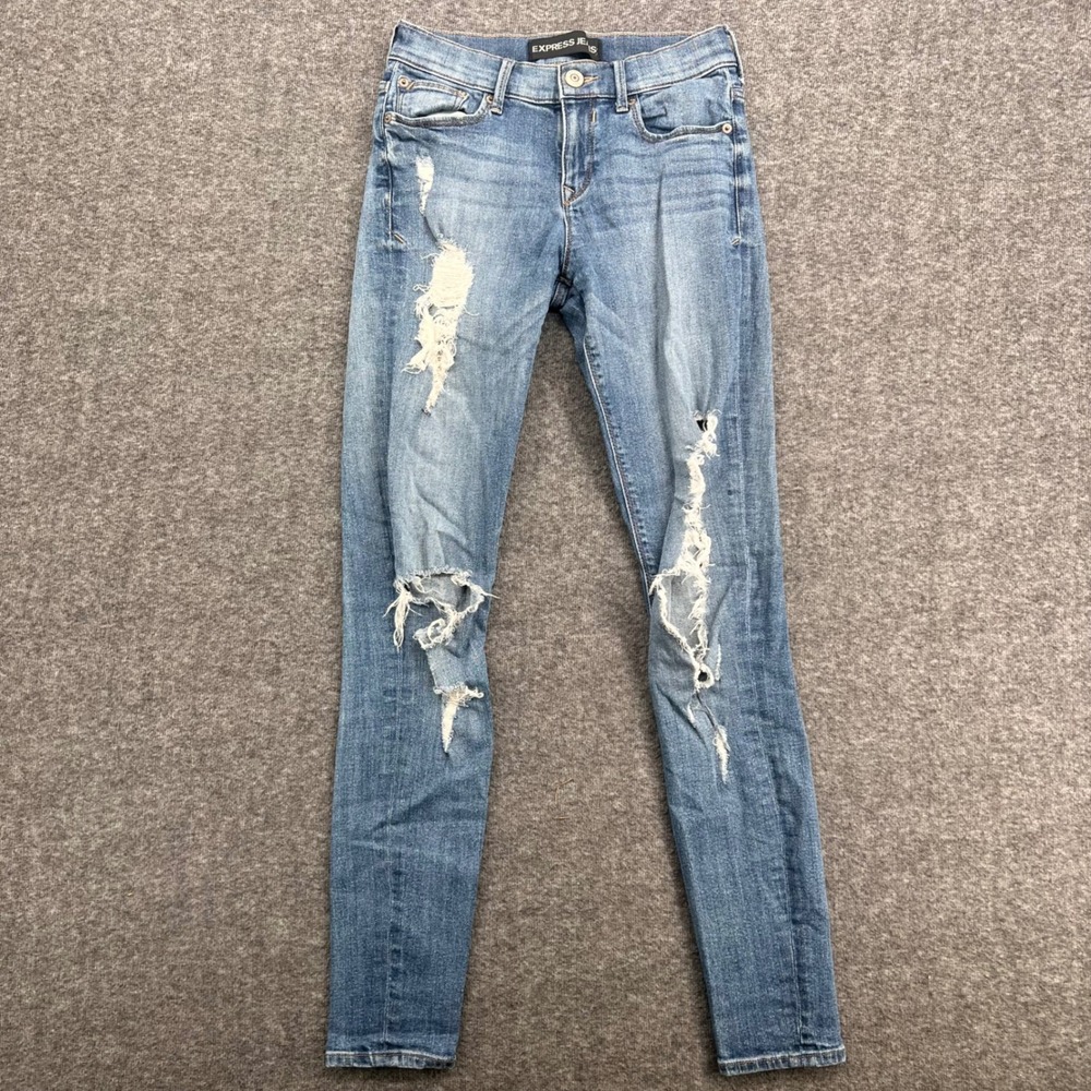 Express Jeans Women 2Tall Skinny Casual Ripped Medium Wash Denim Blue Distressed